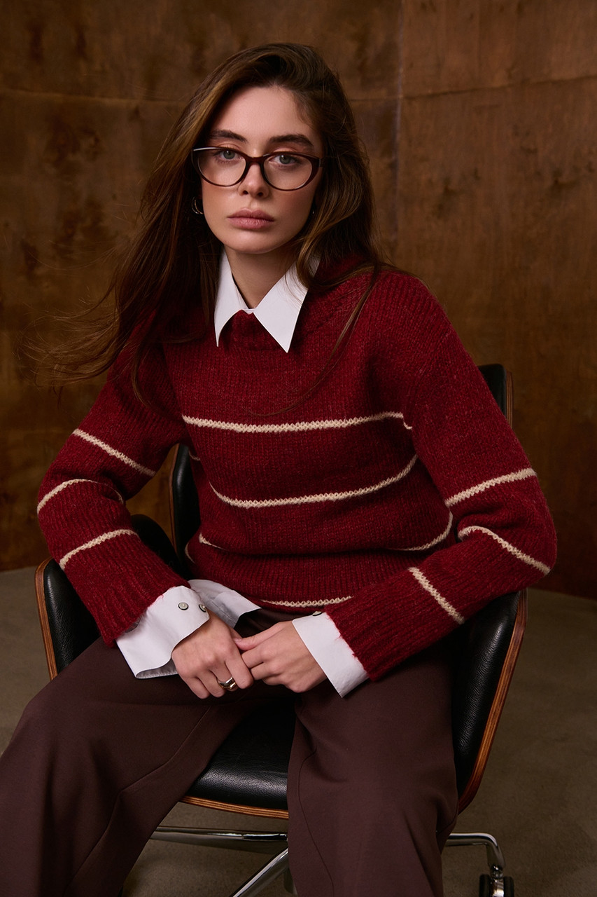 Светр жіночий теплий класичний з тонкою смужкою, колір марсала. Модель 2809