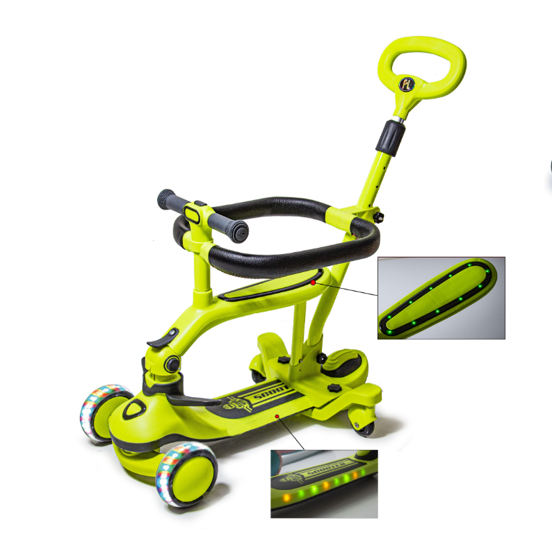 Самокат триколісний 5в1 Scooter зелений 918 з батьківською ручкою, захисним бампером, підсвічуванням, фото 1