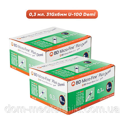 Шприци інсулінові Мікро-Файн Плюс Демі / Micro-fine Plus Demi U-100/0,3 мл із голкою 31G (0.25мм*6мм), 200 шт., фото 1