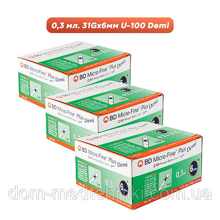 Шприци інсулінові Мікро-Файн Плюс Демі / Micro-fine Plus Demi U-100/0,3 мл із голкою 31G (0.25мм*6мм), 300 шт., фото 1