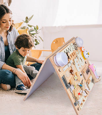 Бізіборд з навчанням англійської мова музика лампочка телефон дзвінок годинник замки шестерні сортер і магнітна дошка