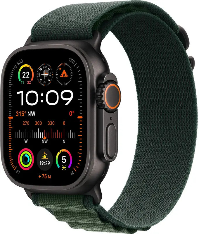 Apple Watch Ultra 2 + LTE 49mm Black Titan Case with Dark Green Alpine Loop - M (MX4R3)