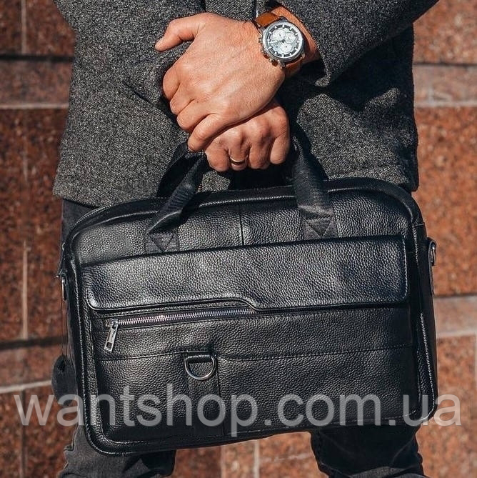 Чоловіча сумка з натуральної шкіри 39x29x7, портфель в університет на плечі, сумочка для навчання, чорна, фото 1