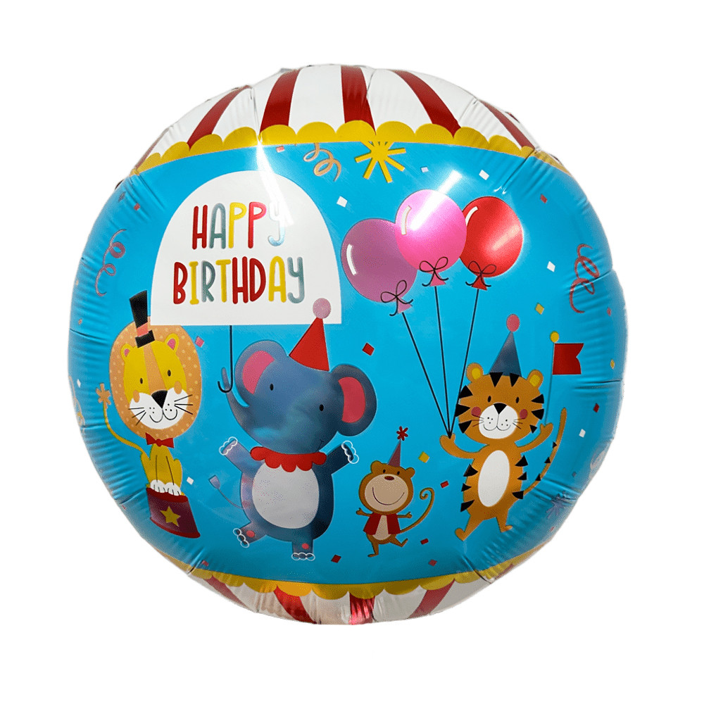 Фольгована кулька круг "Happy Birthday тварини" кольорова 18" (45 см) 1 шт.