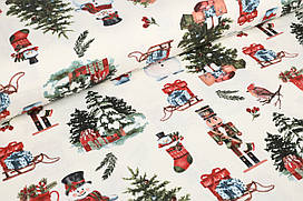 Декоративна тефлонова тканина Сніговики, ялиночки, подарунки