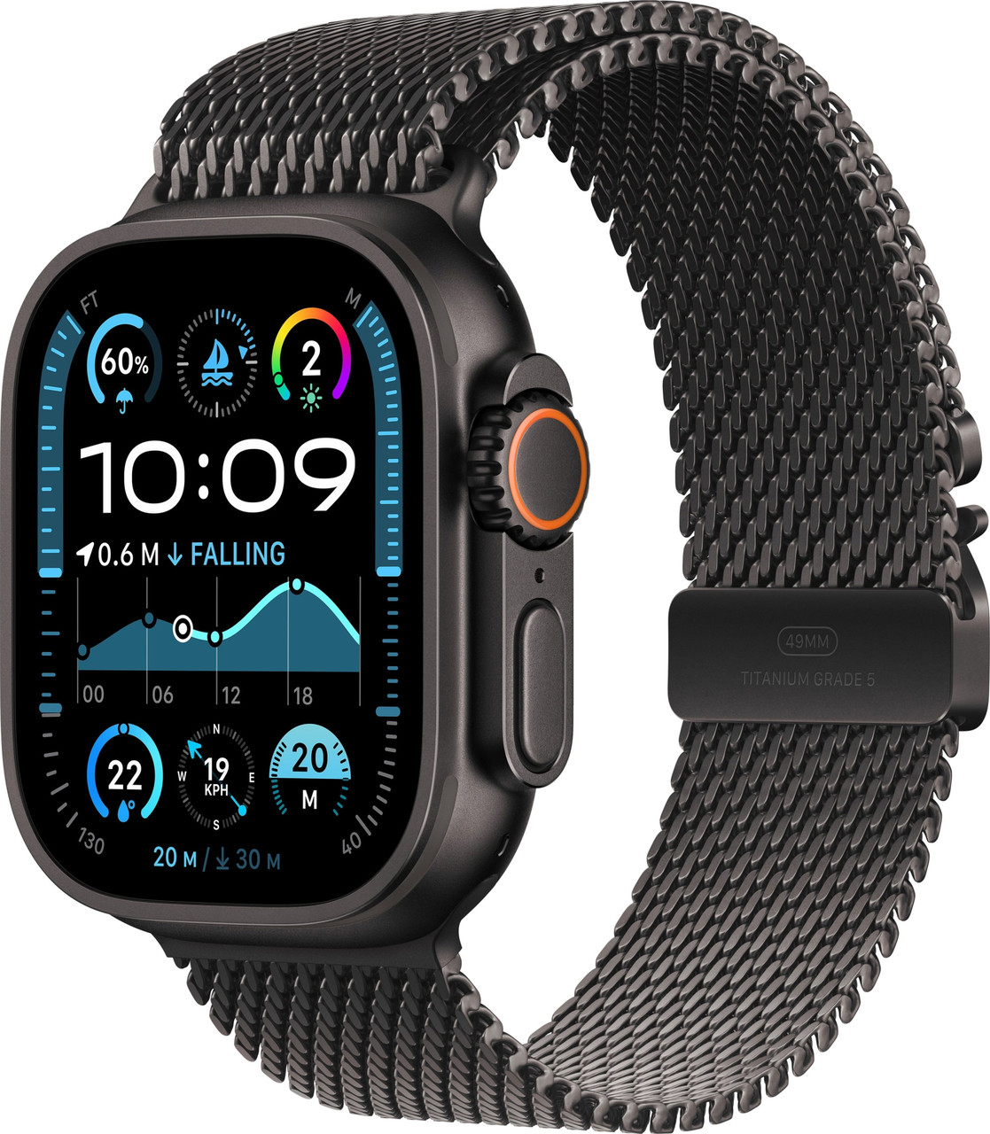 Apple Watch Ultra 2 + LTE 49mm Black Titan Case with Black Titanium Milanese Loop - M (MX5U3)