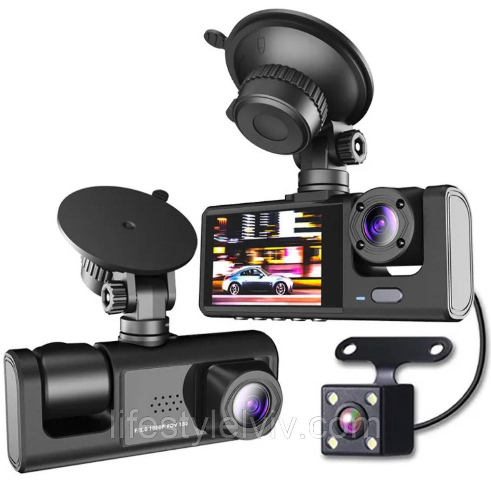 Відеореєстратор з трьома камерами та функцією запису, 1080P / Реєстратор у машину / Автореєстратор, фото 1
