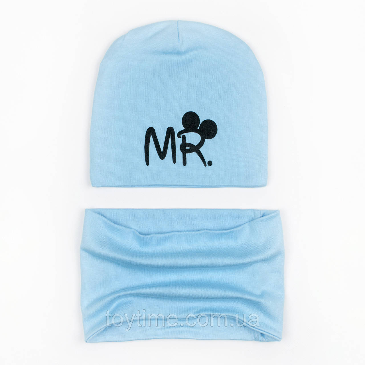 Подвійна шапочка з хомутом однотонна з принтом MR, фото 1