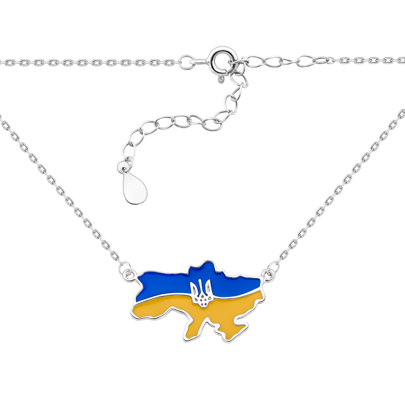 Кольє срібне мапа України із блакитно-жовтою емаллю та гербом посередині, фото 1