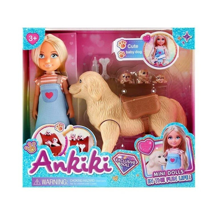 Лялька з аксесуарами собака, цуцики, муляжі їжі для тварин Ankiki висота ляльки - 13 см