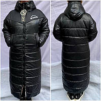 Жіноче зимове довге тепле пальто чорного кольору на блискавці з капюшоном великих розмірів Р 48-58