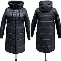 Жіноча зимова куртка подовжена чорного кольору на блискавці, зимова жіноча курточка великих розмірів. Р-52-62