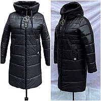 Жіноча зимова чорна довга куртка на блискавці з капюшоном, зимова жіноча курточка великого розміру Р-52-62