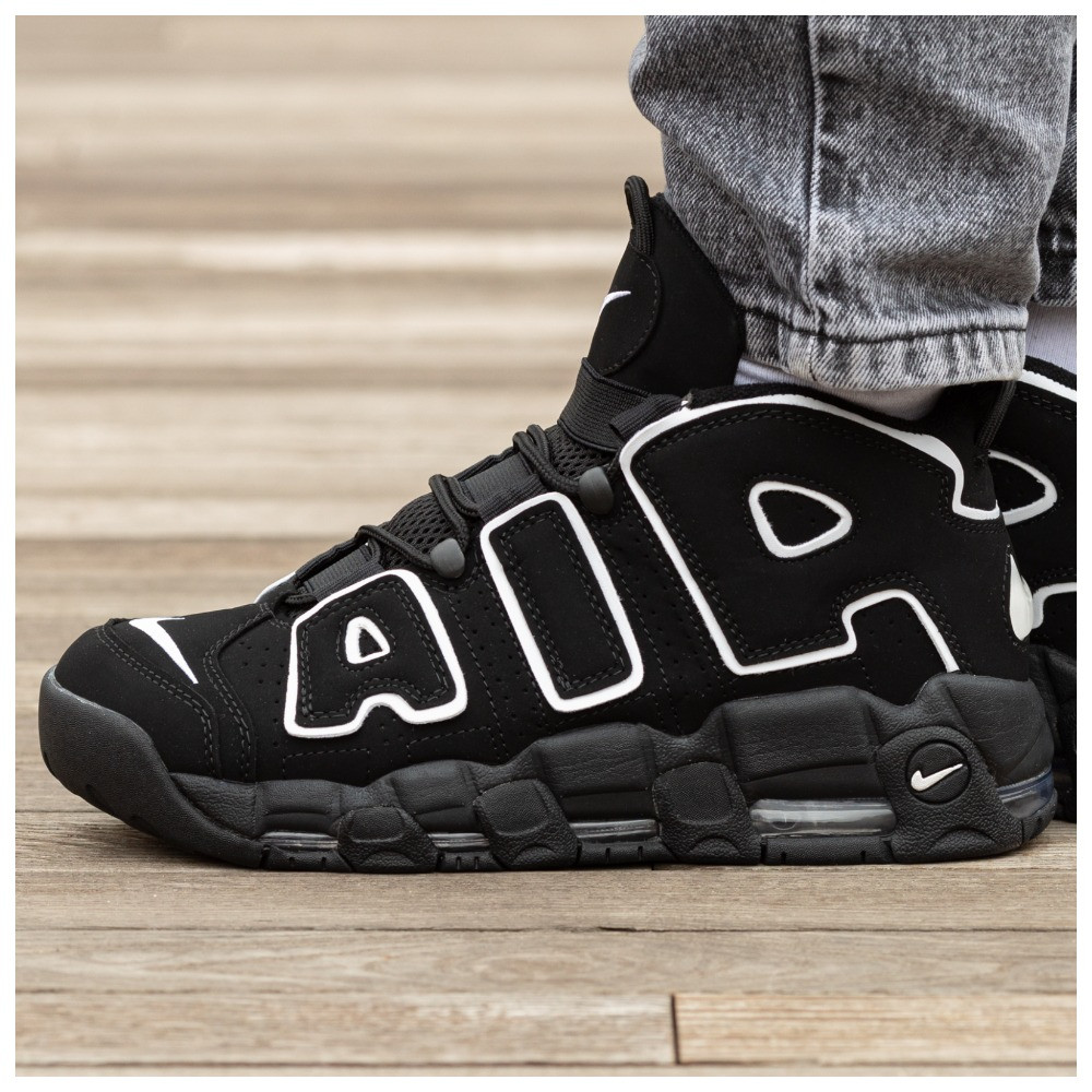 Чоловічі кросівки Nike Air More Uptempo Black White, чорно-білі шкіряні кросівки найк аір море аптемпо