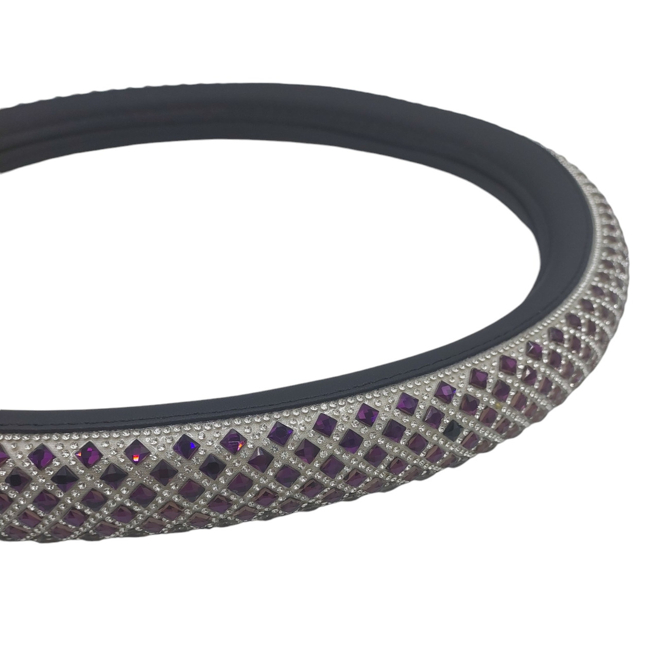 Жіночий чохол на кермо з чорного екошкіри з фіолетовими стразами, фото 1