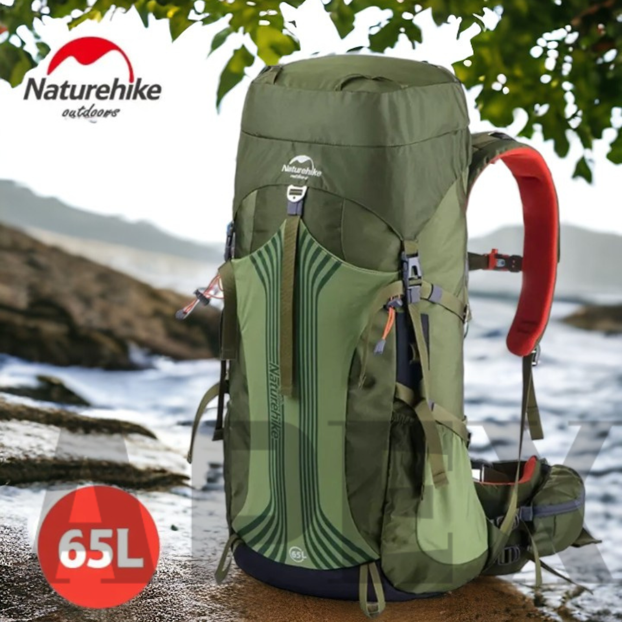 Туристичний рюкзак Naturehike 65 літрів, трекінговий, похідний рюкзак, алюмінієва спинка, зелений