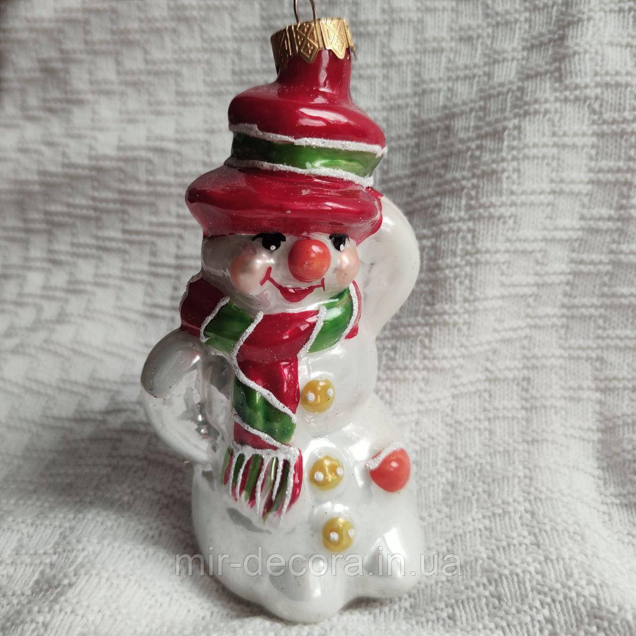 Формова скляна іграшка, символ року "Сніговик у капелюсі" 12 см, фото 1