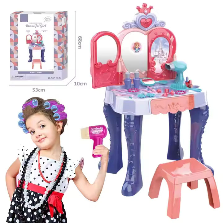 Розвиваючий дитячий столик Трюмо для ігор у стиліста перукаря 28 предметів Світло звук фен стільчик аксесуари, фото 1