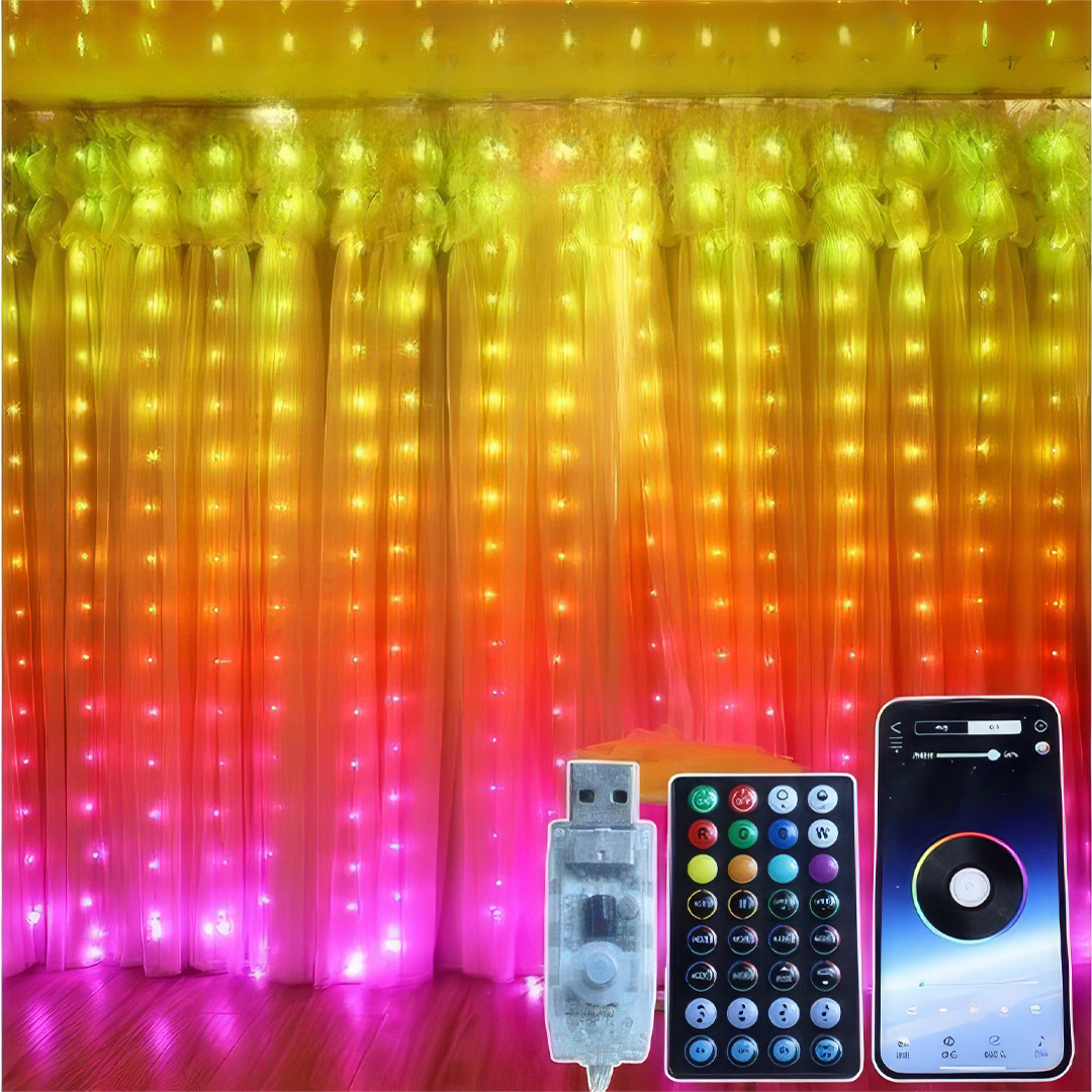 Програмована новорічна гірлянда-штора з пультом та керуванням з телефону SFK-06 Bluetooth USB 3х3 метри, фото 1