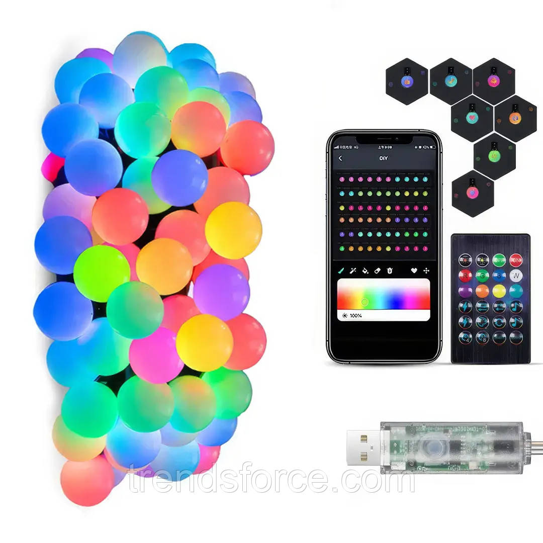 Розумна гірлянда Матова кулька з пультом керування й керуванням із телефона SFK-03 Bluetooth Usb 10 м 209234