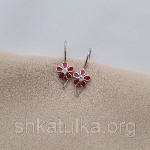 Сережки срібні квіточки з червоною емаллю