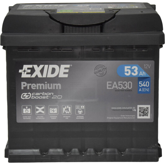 Акумулятор 53Аг 540А 12В EXIDE EA530 Premium R+ 6СТ-53