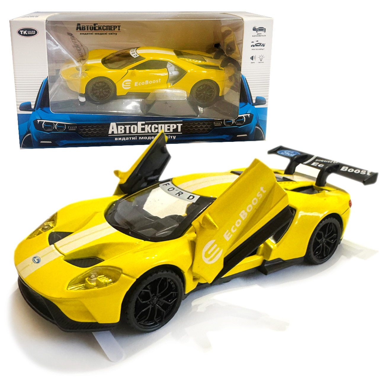 Машинка металева Ford 2017 GT 1:32 Форд жовта звук світло інерція відкр двері 15*7*4см (DL-96332), фото 1