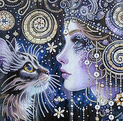 АВ-089. Алмазна мозаїка часткова блискучими стразами Кіт і дівчина