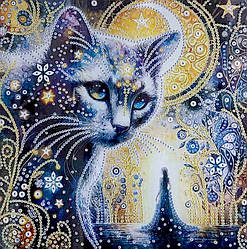 АВ-091. Алмазна мозаїка часткова блискучими стразами Кішка і зоряна ніч
