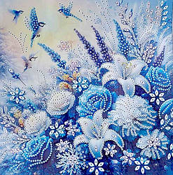 АВ-090. Алмазна мозаїка часткова блискучими стразами Блакитний пейзаж - квіти і пташки