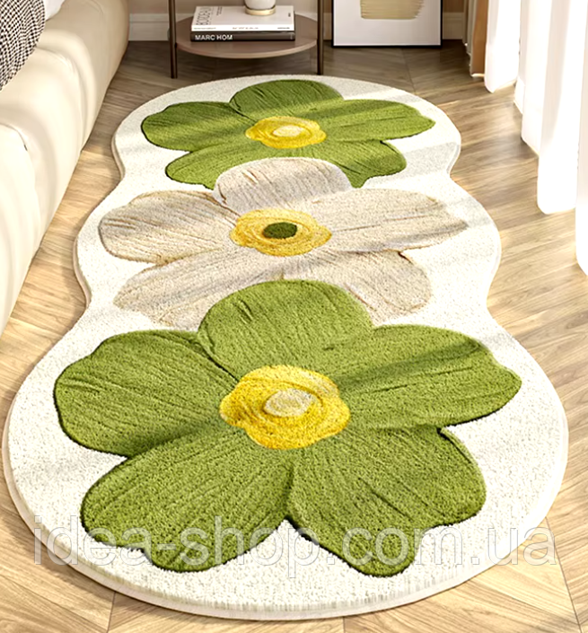 Овальний Зелений килим 3D 40*120 см квіти Безворсовий килимок в спальню ванну кухню приліжковий прихожу декоративний яскравий, фото 1
