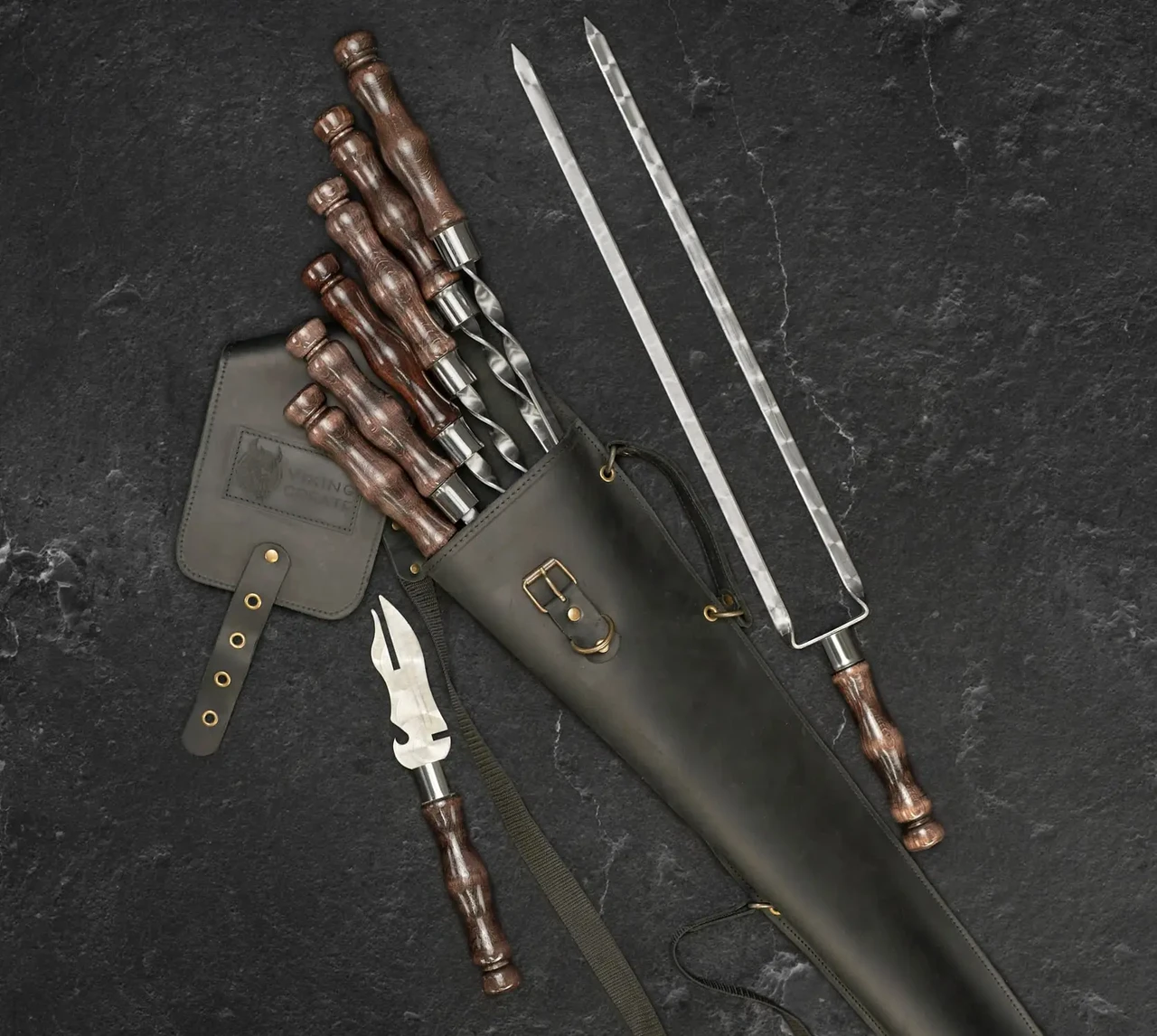 Набір шампурів Колчан "Полювання Black" 9 предметів в шкіряному чохлі, фото 1