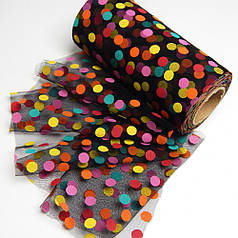 Фатин у рулончику 15 см, з принтом різнокольоровий горох, чорний