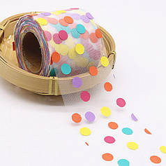 Фатин у рулончику 6 см, з принтом різнокольоровий горох, білий