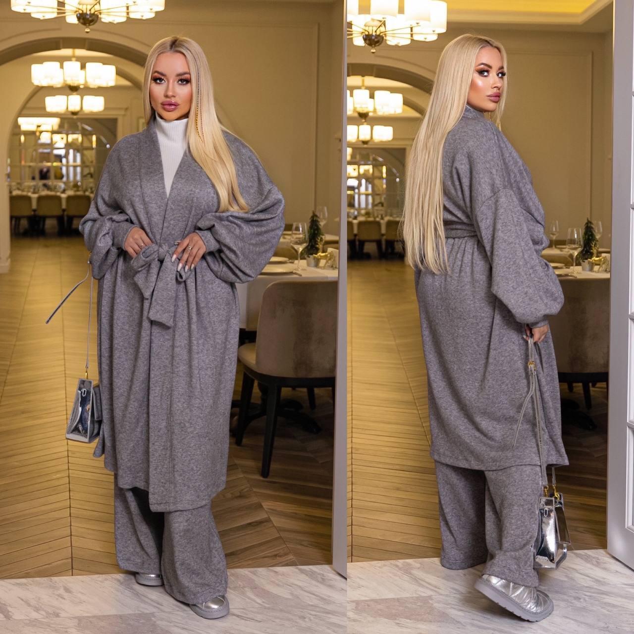 Жіночий ангоровий теплий оверсайз костюм: широкі штани і довгий кардиган з поясом, батал великі розміри, фото 1