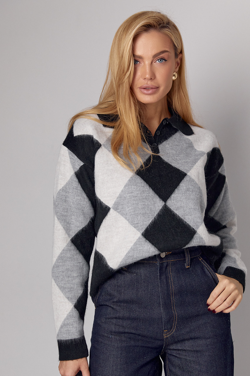 Жіноча кофта-поло з візерунком у ромби — чорний колір, ONE SIZE (є розміри), фото 1