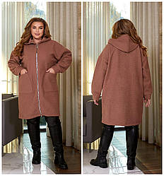 Стильний модний довгий в букле "баранець" кардиган на змійці з капюшоном, батал великі розміри