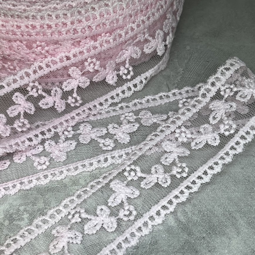 Фатинова стрічка (фатин) з вишивкою, ширина 3,5 см, рожевий, метр, Рожевий, фото 1