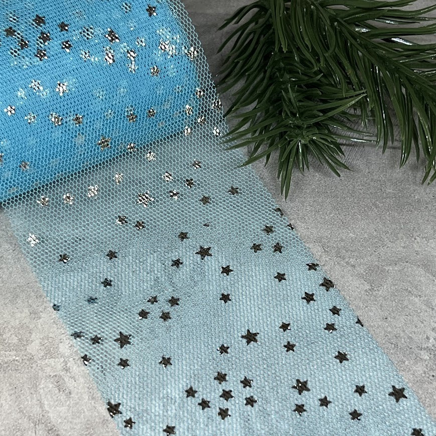 Фатинова стрічка (фатин) - Срібна зірочка, ширина 6 см, блакитний, метр, Блакитний, фото 1