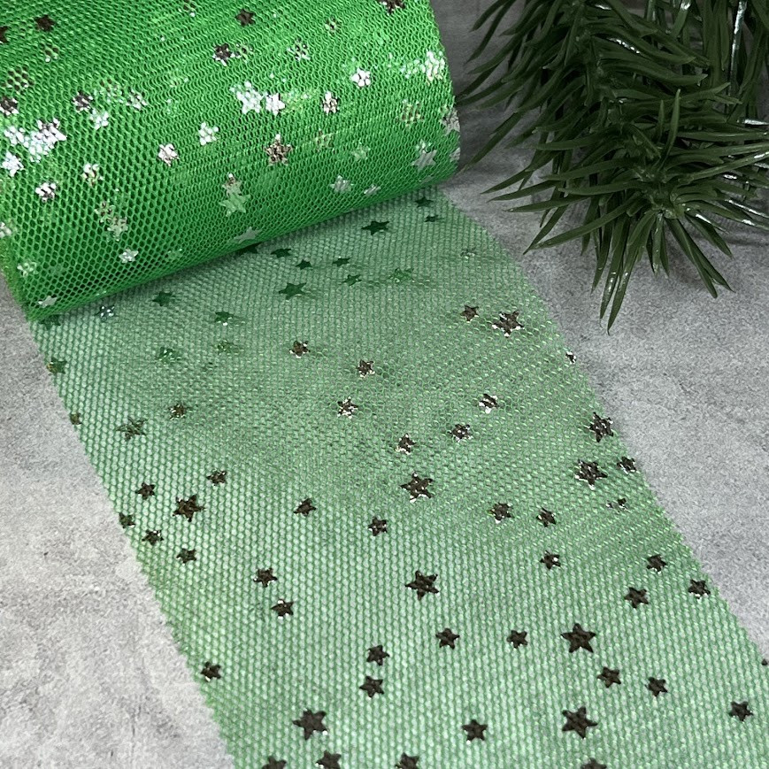 Фатинова стрічка (фатин) - Срібна зірочка, ширина 6 см, зелений, метр, Зелений, фото 1