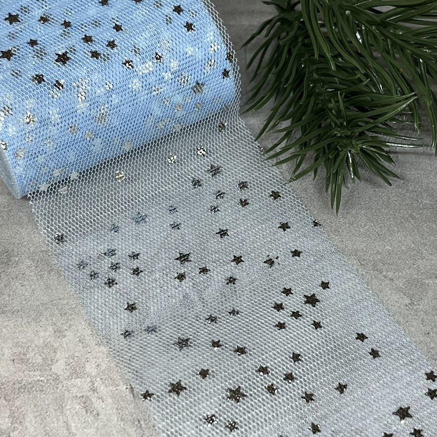 Фатинова стрічка (фатин) - Срібна зірочка, ширина 6 см, світло-блакитний, метр, Світло-голубий, фото 1