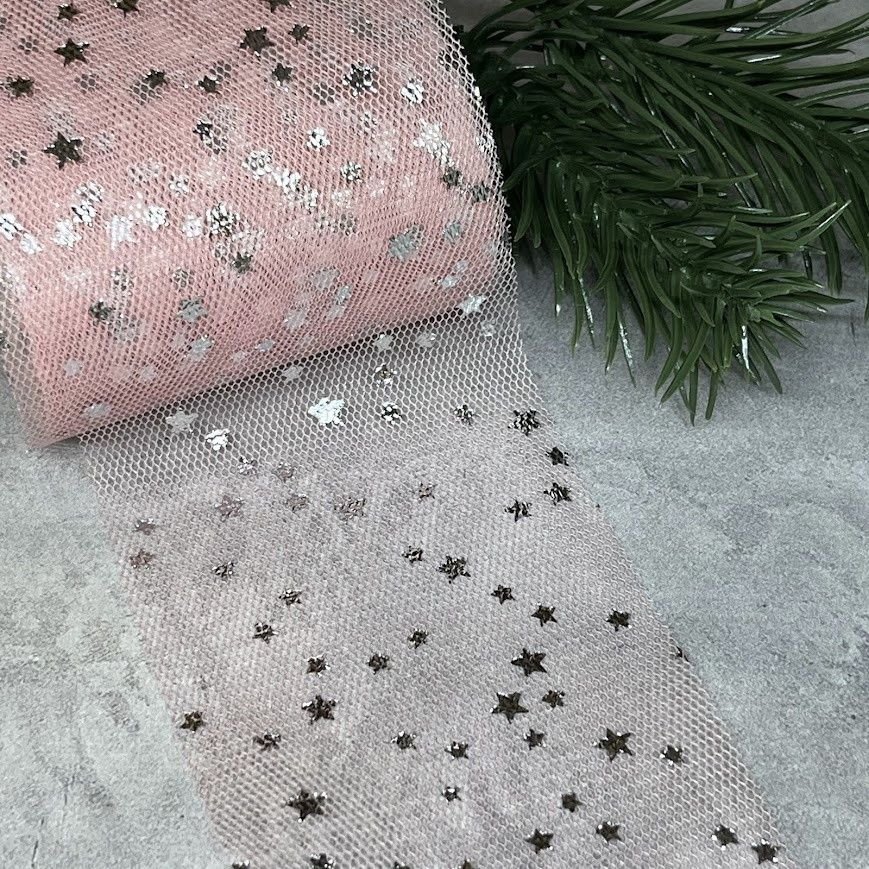 Фатинова стрічка (фатин) - Срібна зірочка, ширина 6 см, пудровий, метр, Пудровий, фото 1