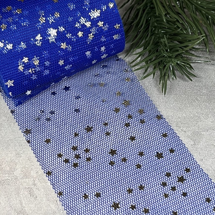 Фатинова стрічка (фатин) - Срібна зірочка, ширина 6 см, синій, метр, Синій, фото 1