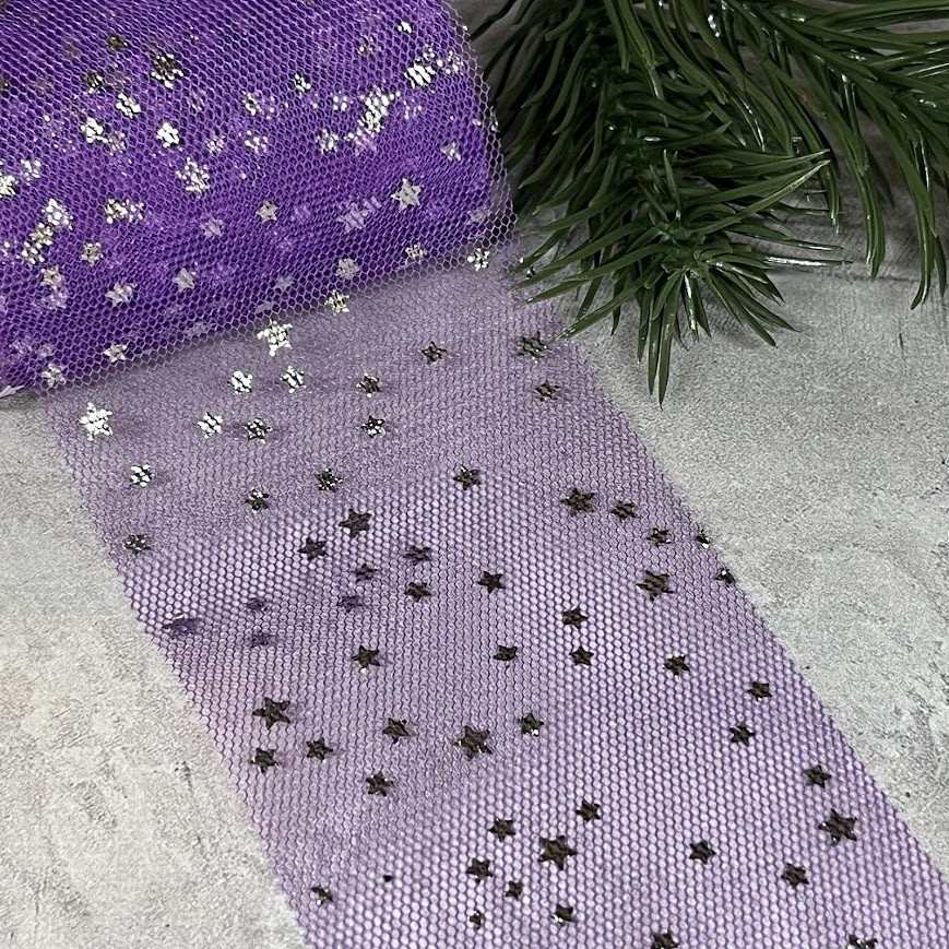 Фатинова стрічка (фатин) - Срібна зірочка, ширина 6 см, фіолетовий, метр, Фіолетовий, фото 1