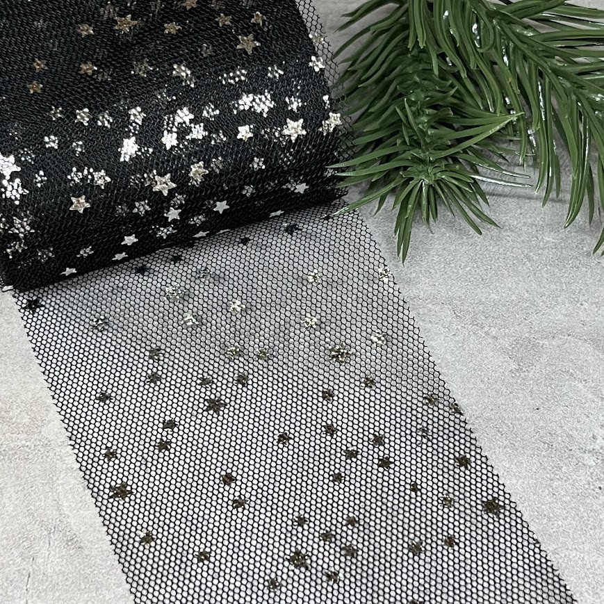 Фатинова стрічка (фатин) - Срібна зірочка, ширина 6 см, чорний, метр, Чорний, фото 1