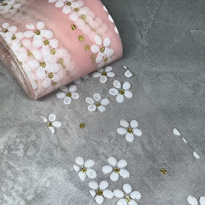 Фатинова стрічка - Квітка, ширина 6 см, персиковий, метр, Персиковий, фото 1