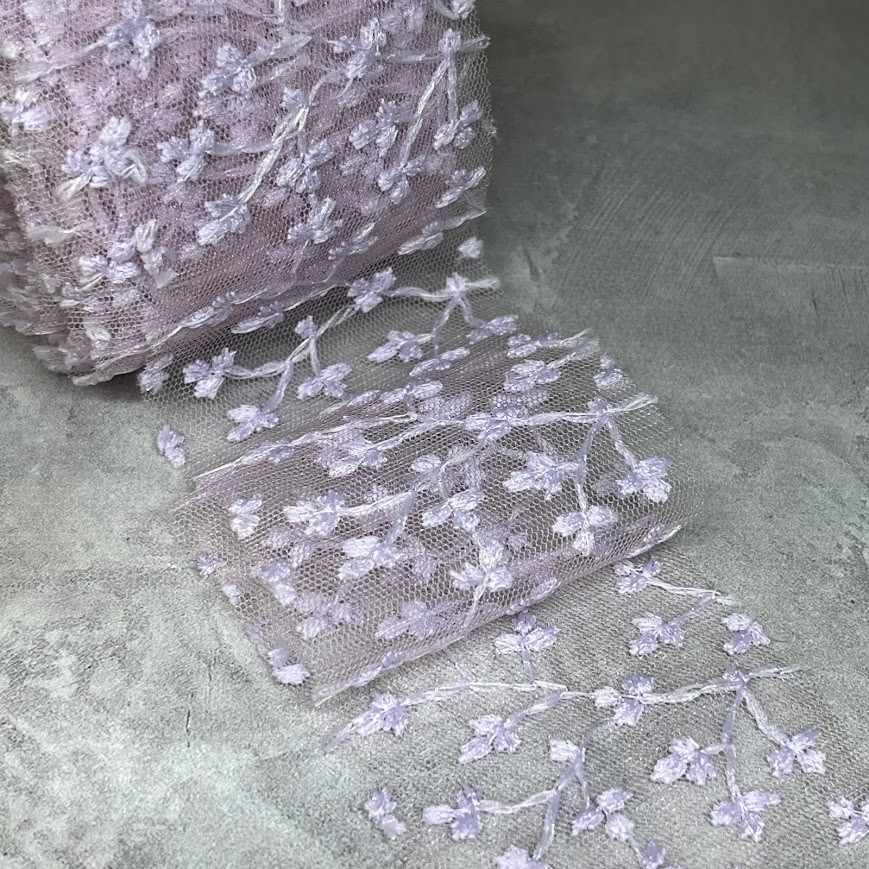 Фатинова стрічка (фатин) з вишивкою, ширина 6 см, блідий-бузок, метр, Бузковий, фото 1