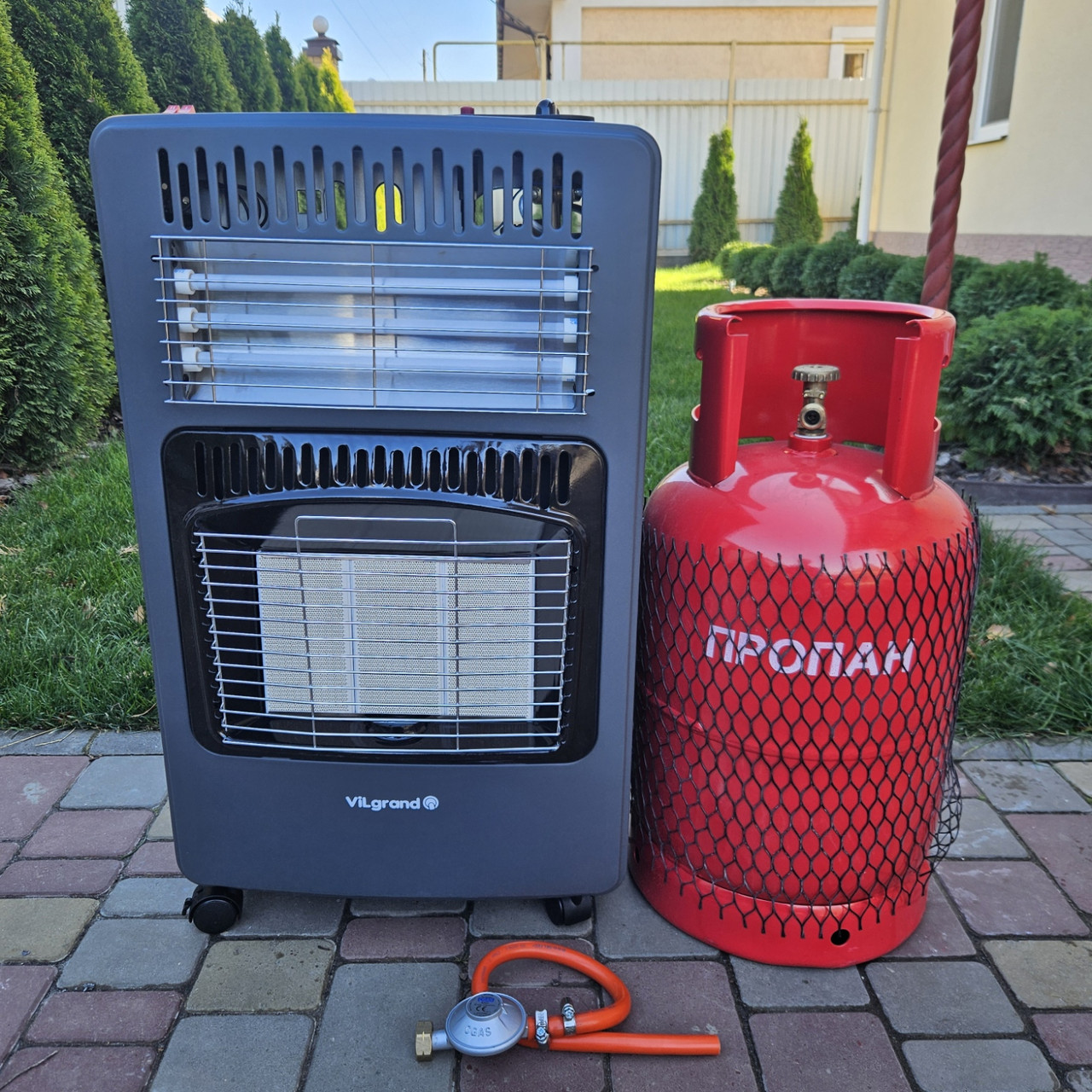 Газовий інфрачервоний обігрівач 2в1 VILGRAND VGH422E + балон 27л, редуктор, шланг