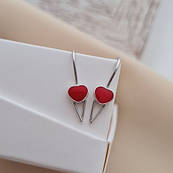 Сережки срібні сердечка з червоною емаллю