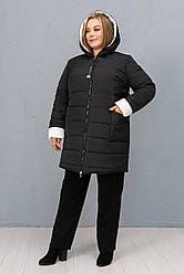 Тепла жіноча куртка для повних на дві сторони з капюшоном чорна з білим
